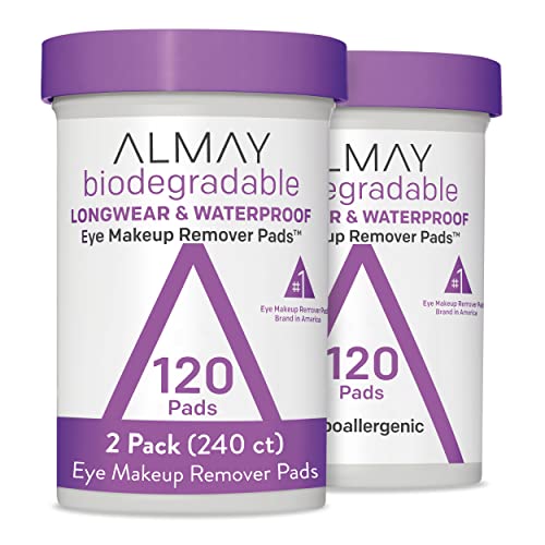 Almay Biodegradable Eye Makeup Remover Pads, Longwear & Waterproof, Stocking Stuffer for Women, Hypoallergenic, Fragrance-Free, 120 Count (Pack of 2)