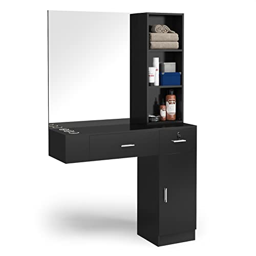 OmySalon Wall Mount Barber Salon Stations for Hair Stylist, Beauty Styling Equipment Organizer w/Mirror, Hair Salon Supply cabinet w/1 Storage Cabinet, 2 Drawers & 3 Tier Shelf (Black1)