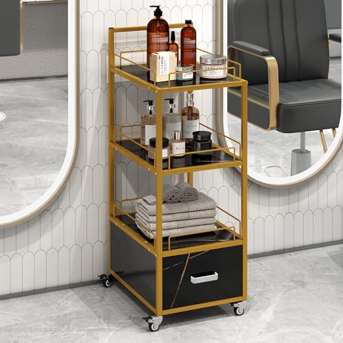 Salon Cart with Wheels,Metal Frame & Marbled Board, Hairdresser Beauty Storage Rolling Trolley Cart with Drawers Barber Makeup Organizer Hair Salon Station Beauty Equipment