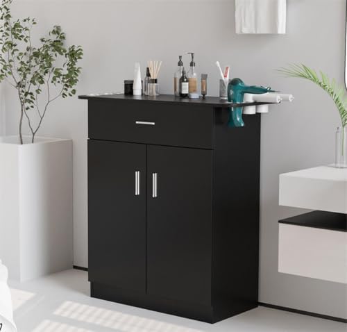 OmySalon Salon Station Barber Storage Cabinet, Free Standing Beauty Hair Stations, Beauty Salon Spa Equipment Hair Styling Utility Unit with 1 Drawers, 1 Storage Cabinet, 6 Hair Dryer Holders, Black