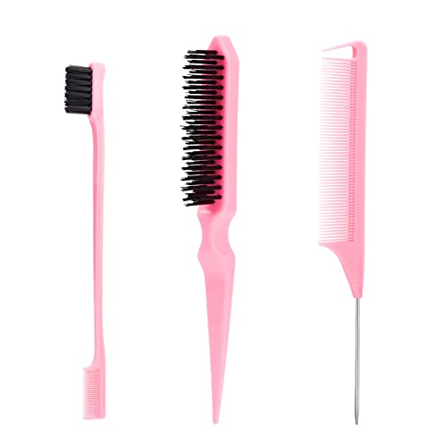 Hair Brush Set, 3 Pcs Slick Back Hair Bristle Brush, Rat Tail Comb, Edge Brush for Smoothing Baby Hair & Flyaways - Pink