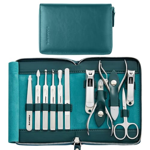 FAMILIFE Nail Kit, Professional Manicure Set Manicure Kit, 11 in 1 Stainless Steel Nail Clippers Set Pedicure Tools Kit, Men Grooming Kit with Portable Blue Leather Travel Case Luxury Gifts for Him