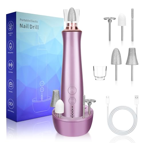 Professional Manicure Pedicure Kit with Charging Base, Cordless Electric Nail Drill Set with 5PCS Drill Bits, 5 Speeds Electric Nail File Machine, Hand Foot Care Grinder Tool for Thick Nail Acrylic