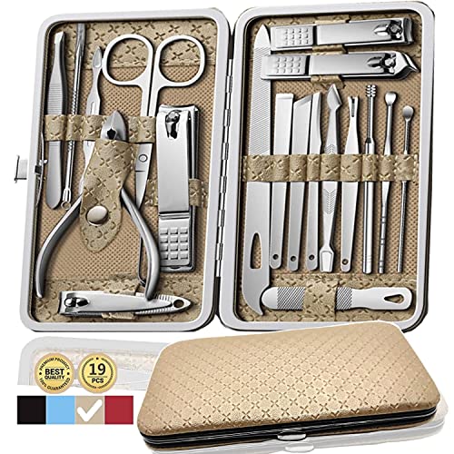 Manicure and Pedicure kits, 19 tools in 1 Professional Grooming set, Nail, feet, face and hands Care. All in a premium small luxurious colored Travel Case (GOLD)