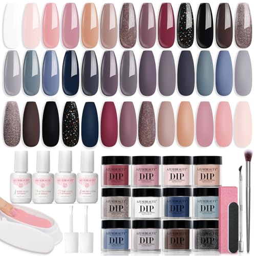 AZUREBEAUTY 31 Pcs Dip Powder Nail Kit Starter All Season 20 Colors Glitter Nude Gray Acrylic Nail Dip Powder System Essential Liquid Set for French Nails Art Manicure DIY Salon Gift for Women