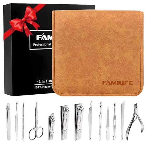 FAMILIFE Manicure Set, Nail Professional Kit Manicure Kit Nail Clipper Set, 13PCS Stainless Steel Nail Care Kit Pedicure Set Mens Grooming Kit, Mens Manicure Set with Brown Leather Travel Case for Men