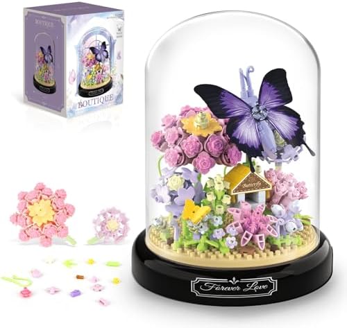 QLT QIAOLETONG Flower Bouquet Building Kit for Adults, Animals Flowers 582 PCS Botanical Collection Mini Building Blocks Set, Valentine's Day for Her Mom Women Wife Girlfriend (Butterfly)