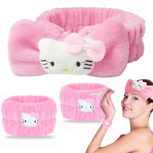 Skincare Headband Spa Headband and Wristband Set for Washing Face Kawaii Kitty Pink Cute Bubble Makeup Headband Kit for Women Knotted Bow Kawaii Skin Care Accessories (3PCS, Pink)