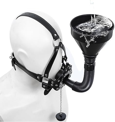 Bondage Gear Accessories with Funnel Gag Leather Restraints Toys with Sexy Erotic Rivets Lid BDSM Fetish for Men Women Couple Sex Play (Black)