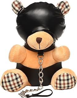 MASTER SERIES Hooded Bondage Bear for Men, Women & Couples. Soft, BDSM Themed Teddy Bear Stuffed Animal Medium. Cute and Sexy Gift. 1 Piece, Beige and Black.