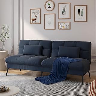 COMHOMA Convertible Futon Sofa Bed, 68″Fabric Futon Couch with Adjustable Backrest, Folding Futon Sleeper Recliner for Living Room Furniture (Blue)