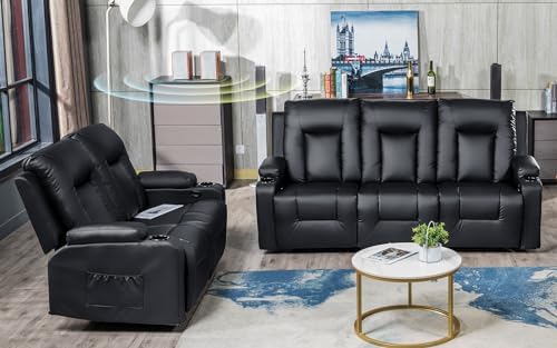 COMHOMA, Living Room Furniture Set, Bonded Leather Loveseat Sofa with Cup Holder Recliner Chair, 3+2, Black
