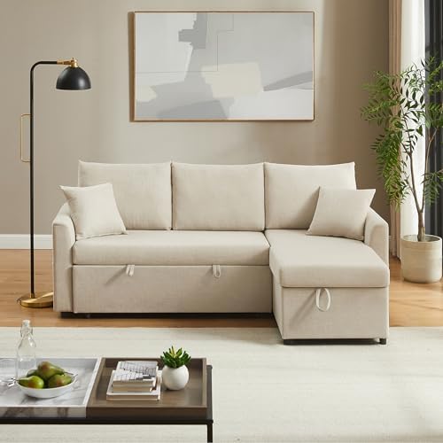 L Shaped Convertible Sleeper Sofa Bed, 84" Sectional Couch for Living Room - Dual USB-C Charging, Pull Out Bed, Reversible Chaise with Storage & Pockets, Removable & Washable Beige Linen Covers