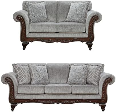 Roundhill Furniture Hernen 2-Piece Living Room Set, Carved Wood Frame Sofa and Loveseat, Gray