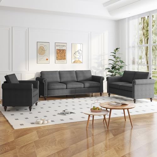 3 Piece Living Room Sofa Set, 3 Seat Sofa + Loveseat + Armchair, Couches Sets with Solid Wood Frame and 4 Gourd Shapes Legs for Home/Bedroom/Apartment - Dark Grey