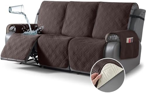 TAOCOCO 100% Waterproof Recliner Sofa Cover Non Slip Couch Cover for 3 Seat Reclining Sofa, Split Reclining Couch Covers 3-Piece with Straps, Washable Sofa Slipcover for Kids Pets(3 Seater, Chocolate)