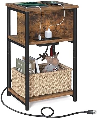 VASAGLE Side Table with Charging Station, 3-Tier End Table with USB Ports and Outlets, Nightstand for Living Room, Bedroom, 11.8 x 13.4 x 22.8 Inches, Plug-in Series, Rustic Brown and Black