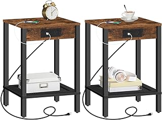 HOOBRO Side Table with Charging Station, Set of 2 End Tables with USB Ports and Outlet, Nightstand with 2-Tier Storage Shelf, for Living Room, Bedroom, Small Space, Rustic Brown and Black BF91UBZP201