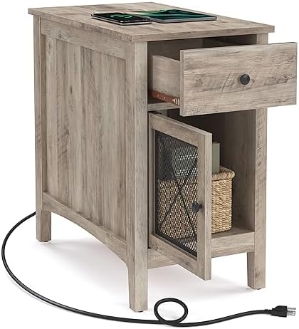 VASAGLE Side Table with Storage, End Table with USB Ports and Outlets, Nightstand with Charging Station, Drawer, Storage Cabinet, Magazine Rack, for Living Room, Bedroom, Greige ULET312T02