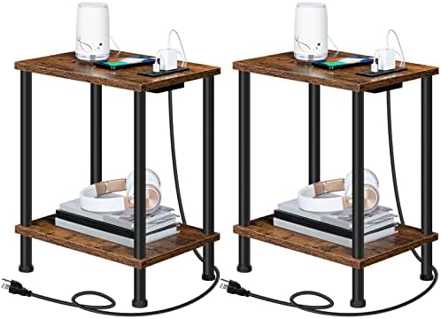 HOOBRO Side/End Table with Charging Station, Set of 2 with USB Ports and Outlets, Nightstand with 2-Layer Storage Shelves for Small Spaces, Living Room, Bedroom, Rustic Brown BF09UBZP201