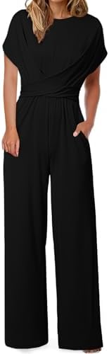 Happy Sailed Women Jumpsuits Dressy Short Sleeve Front Crisscross Tie Waist Belted Wide Leg Pant Romper with Pockets