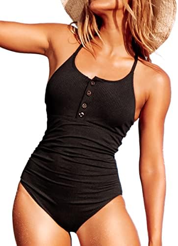 Ribbed One Piece Swimsuits for Women Button up Swimwear Tummy Control Retro Bathing Suits