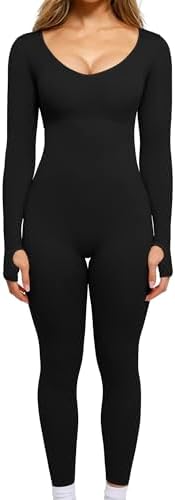 Popilush Long Sleeve Jumpsuit for Women Built-in Bra Ribbed U Neck Tummy Control Full Length Bodycon Workout Fall Outfits