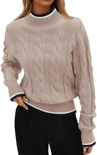 ZESICA Women's Casual Long Sleeve Mock Neck Cable Knit Contrast Color Fall Winter Chunky Pullover Sweater