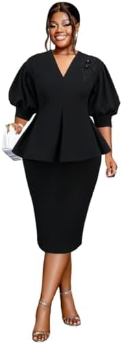 AOMEI Business Suit Sets for Women's 2 Piece Outfits V Neck Peplum Tops Floral Applique Formal Pencil Midi Skirt Suit…