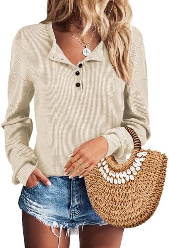 AURUZA Long Sleeve Shirts for Women Henley Shirts Waffle Knit Tops Casual Loose V Neck Tunic Tops Fall Outfits Waffle TShirt