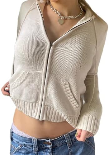Y2k Girls Knitted Crop Cardigan Hoodie Women Casual Knitted Zip up Sweatshirt Long Sleeve Knitwear Hoodied Top
