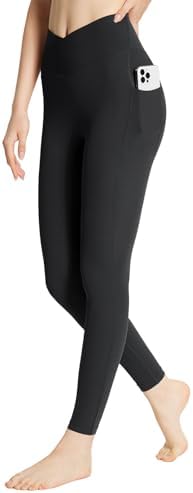BALEAF Women's Leggings with Pockets 25" V Cross Waist Workout Leggings Tummy Control Yoga Ankle Pants