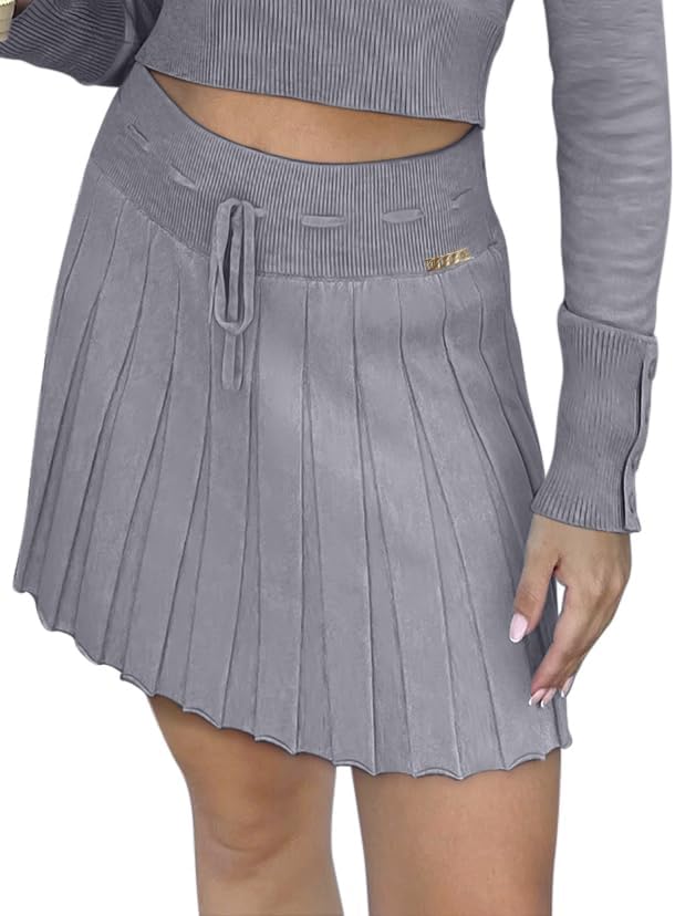 REORIA Women's Trendy Sexy High Waisted Pleated Skirts A Line Flared Going Out Mini Knit Skirts