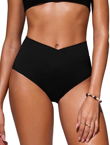 CRZ YOGA Womens V Cut Bikini Bottom High Waisted Cross Front Bathing Swimsuit Bottoms Full Coverage Swim Bottoms