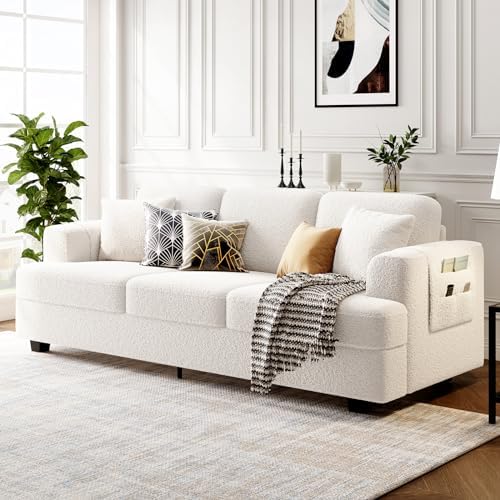 KKL Deep Seat Sofa 89 Inch with Throw Pillow, Modern Sofa, Couches for Living Room, Comfy Sofa, Sleeper Couch, Bouclé, Offwhite