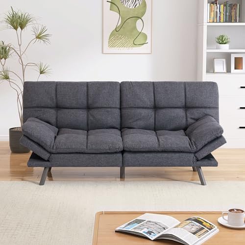 Convertible Futon Sofa Bed Couch,Linen Fabric Memory Foam Futon Couch,Loveseat Sleeper Sofa Bed,Small Splitback Modern Sofa Couch for Living Room,Office,Apartment,Deep Grey