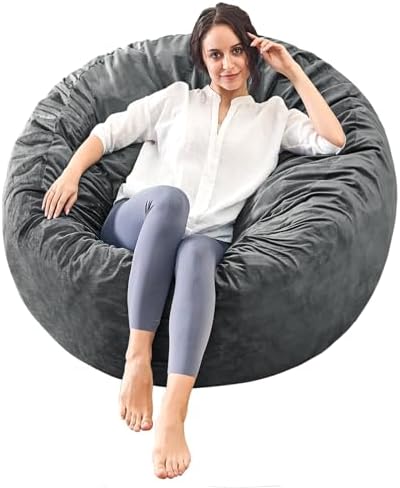 Bean Bag Chairs for Adults - Memory Foam Furniture BeanBag Chair - Kids/Teens Sofa with Soft Micro Fiber Cover - Round Fluffy Couch for Living Room Bedroom College Dorm - 3 ft, Grey
