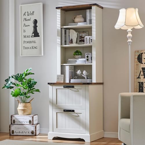 RedLemon Bookcase with 2 File Drawers, 72" Tall Farmhouse Bookshlef with Storage and Adjustable Shelves, 4 Tier Rustic Wood Bookshelf with Cabinet for Home Office, Living Room (Antuique White)