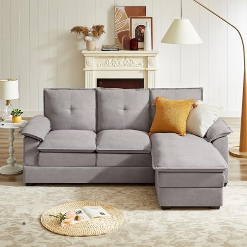 82" Convertible Sectional Sofa, L-Shaped Comfy Cloud Couch with Reversible Chaise and Padded Armrests, Modern Polyester 3 Seat Sofa Couches for Living Room (Light Grey)
