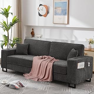 91.3" Chenille Loveseat Sofa, Deep Seat Couch with Side Pockets & Cup Holders, Modern Sofa Couch with Square Armrest, Comfy Lounge Sofa for Living Room, Bedroom, Small Spaces (Grey)