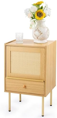 VONLUCE Rattan Nightstand, Boho End Table with Handmade Rattan Decorated Door, Wood Bedside Table with Storage Drawer Shelf & Metal Legs, Rattan Side Table for Living Room Bedroom, 220lb Capacity
