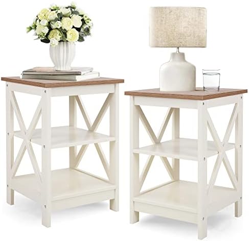 PHI VILLA End Table Living Room Set of 2 - Farmhouse Bed Side Table Nightstands for Bedroom, Ivory White Small Side Table