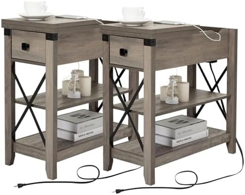 Narrow End Table with Charging Station - Farmhouse Slim Side Table Set of 2, w/USB Ports Power Outlets, Nightstand w/Flip Top Storage Drawer, for Small Spaces Living Room Bedroom, Gray