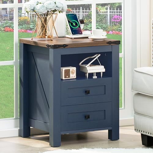Nightstand with Charging Station and USB Port, Farmhouse Night Stand with 2 Drawers and Shelf Storage, Wooden Side End Table, Bedside Cabinet for Bedroom, Living Room, Closet,Office (Blue)