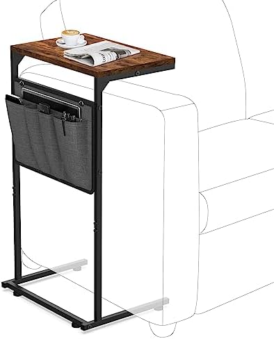 Vantic C Shaped End Table, Small Couch Side Table with Storage Bag, Sturdy Slide Under Sofa Table with Metal Frame for Living Room & Bedroom (16" L x 11.6" W x 28" H), RusticBrown