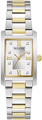 Bulova Ladies' Classic Diamond Two-Tone Stainless Steel 3-Hand Quartz Watch, Rectangle Silver Dial Style: 98P205