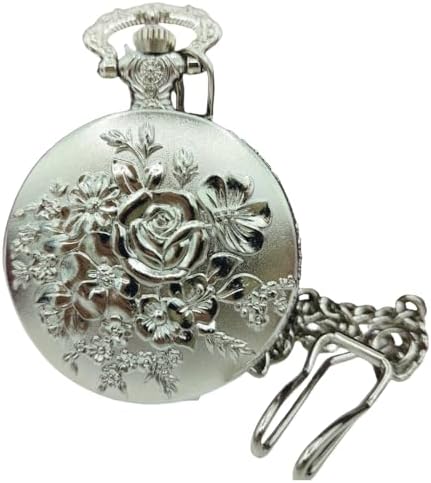 Silver Floral Retro Pocket Watch,Front and Back Three-Dimensional Relief with Chain Pocket Watch, Pendant Watch,Christmas,Birthday and Festival Gifts.