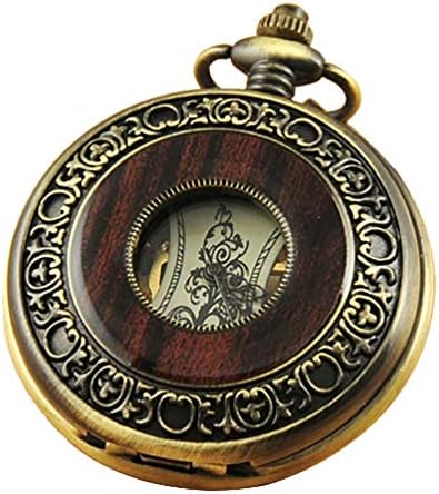 VIGOROSO Men's Hand-Wind Mechanical Pocket Watch Vintage Steampunk Wood Grain Hollow Design with Chain and Box