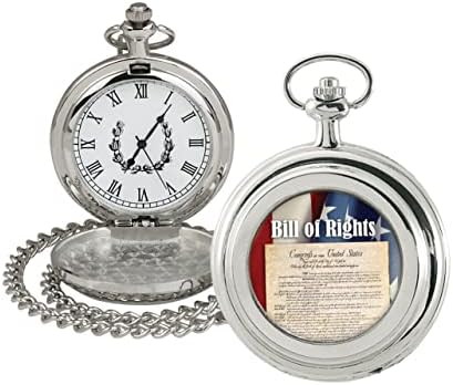 American Coin Treasures U.S. Coin Pocket Watch - Presidential Seal JFK Half Dollar Colorized Bill of Rights - 14 inch Steel fob Open Link Chain - High Polished Case-Quartz Style Movement