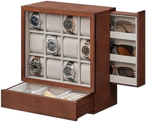 SONGMICS 12-Slot Wooden Watch Box, Watch Display Case with Window, Watch Display Cabinet with Solid Wood Veneer, Velvet Lining, Vertical Storage, Space Saving, Gift Idea, Coffee Brown UJOW014K01